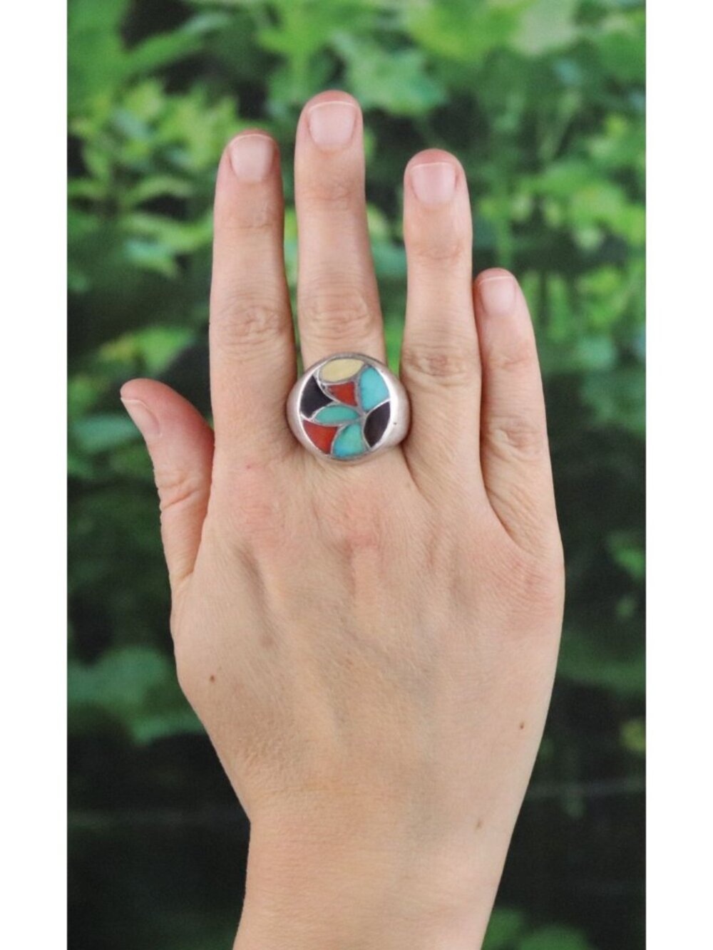 Men's or Women's Sterling Silver Turquoise Coral Onyx Ring Size 9 1/2 - Picture 2 of 9
